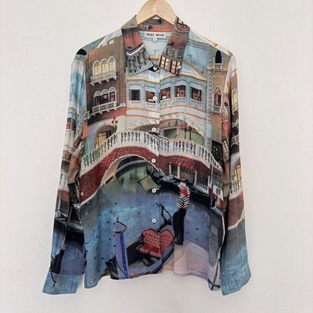 Vintage Nicole Taylor Silk Beaded Scenic Landscape Venice Italy Print Shirt L
